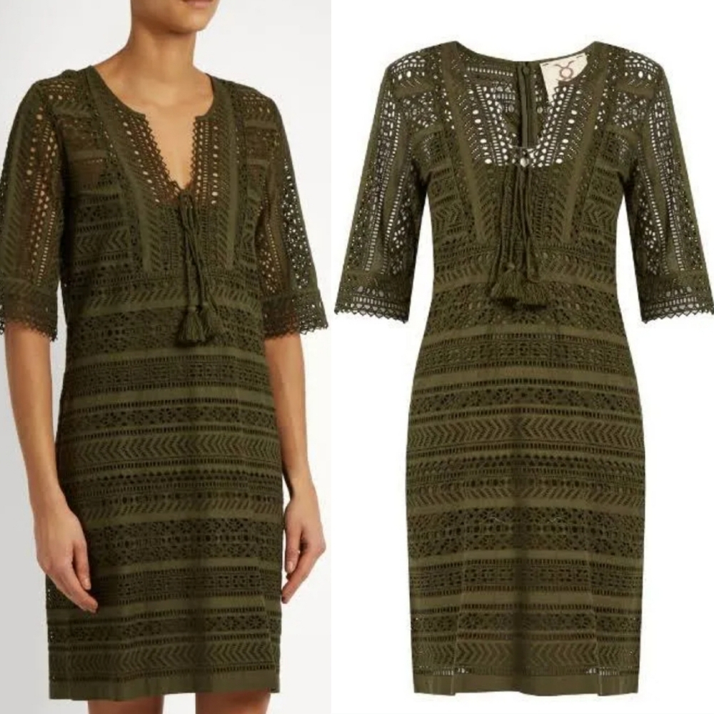 NWT Figue Marlin Eyelet 3/4 Sleeve Mini Dress Olive Military Green Small